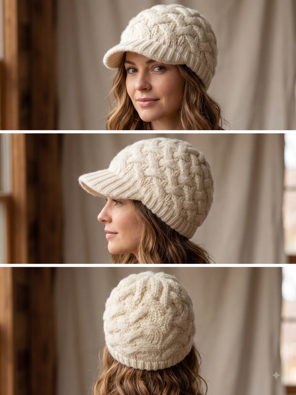 Chunky Knit Visor Beanie Hat Cream Off White Cable Weave Brimmed Cap Slouchy